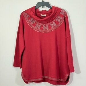 Red Embroidered Cowl Neck Dolman Sleeve Sweatshirt Tunic Lucky Brand XL